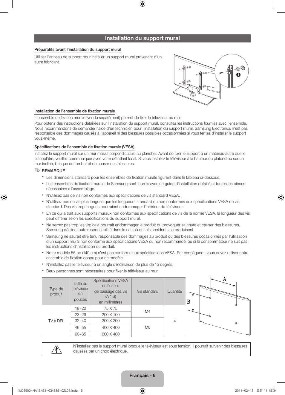 Installation du support mural | Samsung UN46D6900WFXZA User Manual | Page 55 / 74