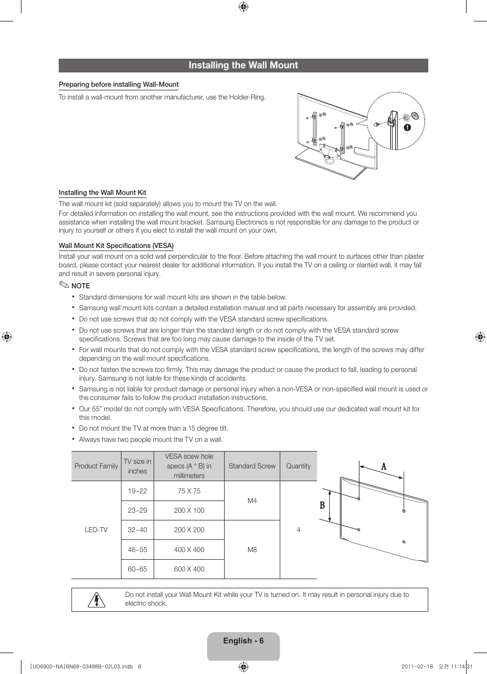 Installing the wall mount | Samsung UN46D6900WFXZA User Manual | Page 6 / 74