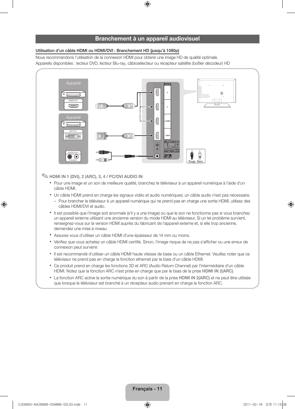 Branchement à un appareil audiovisuel | Samsung UN46D6900WFXZA User Manual | Page 60 / 74