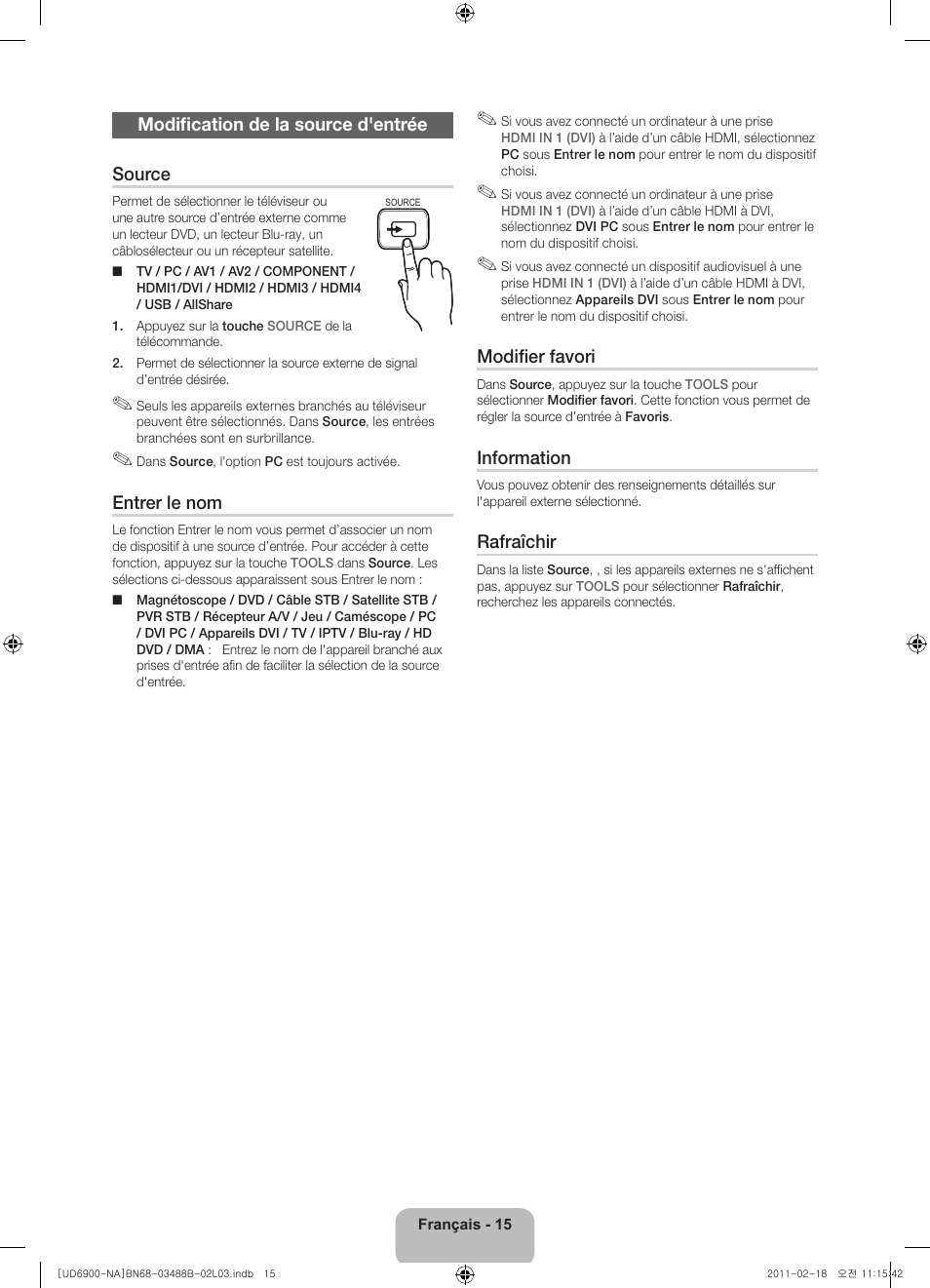 Modification de la source d'entrée source, Entrer le nom, Modifier favori | Information, Rafraîchir | Samsung UN46D6900WFXZA User Manual | Page 64 / 74