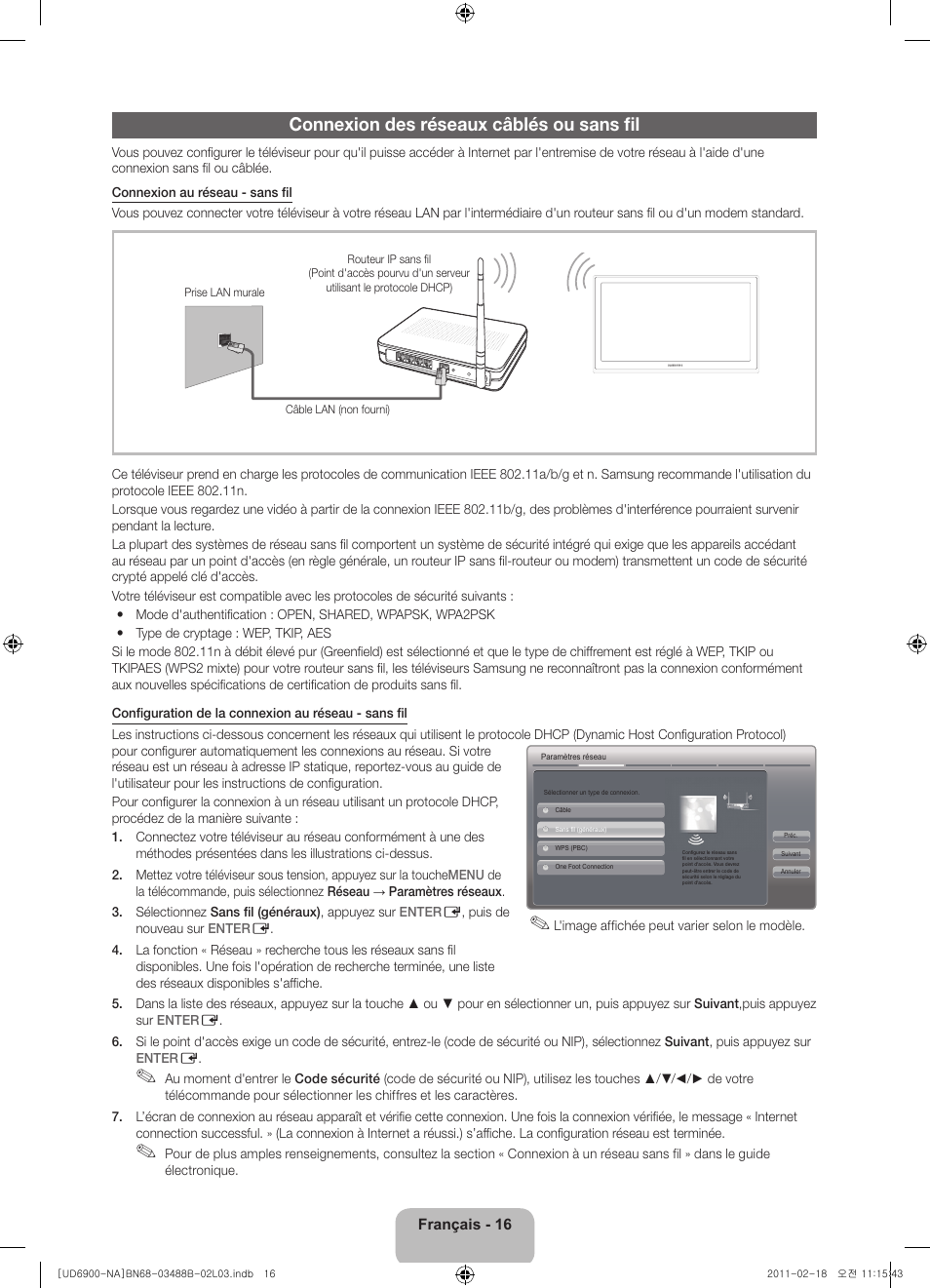 Connexion des réseaux câblés ou sans fil | Samsung UN46D6900WFXZA User Manual | Page 65 / 74