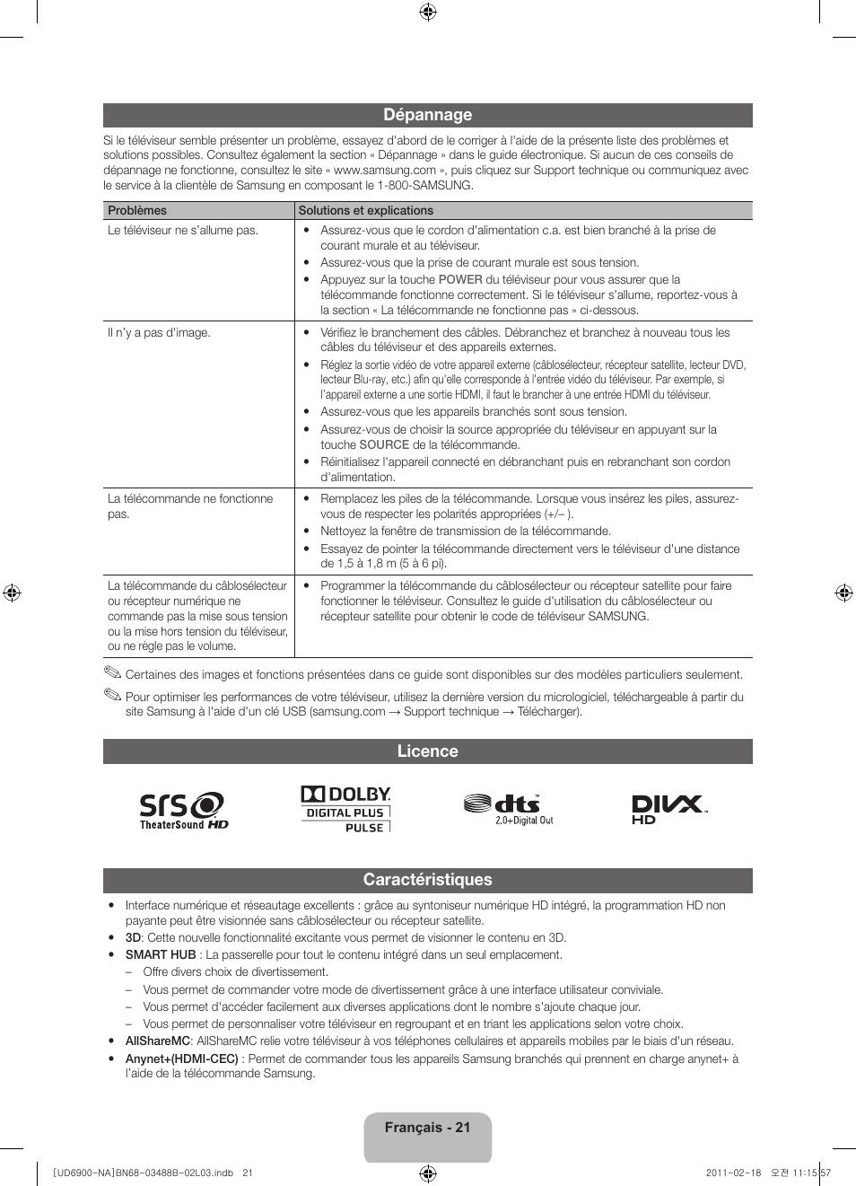 Dépannage, Licence caractéristiques | Samsung UN46D6900WFXZA User Manual | Page 70 / 74