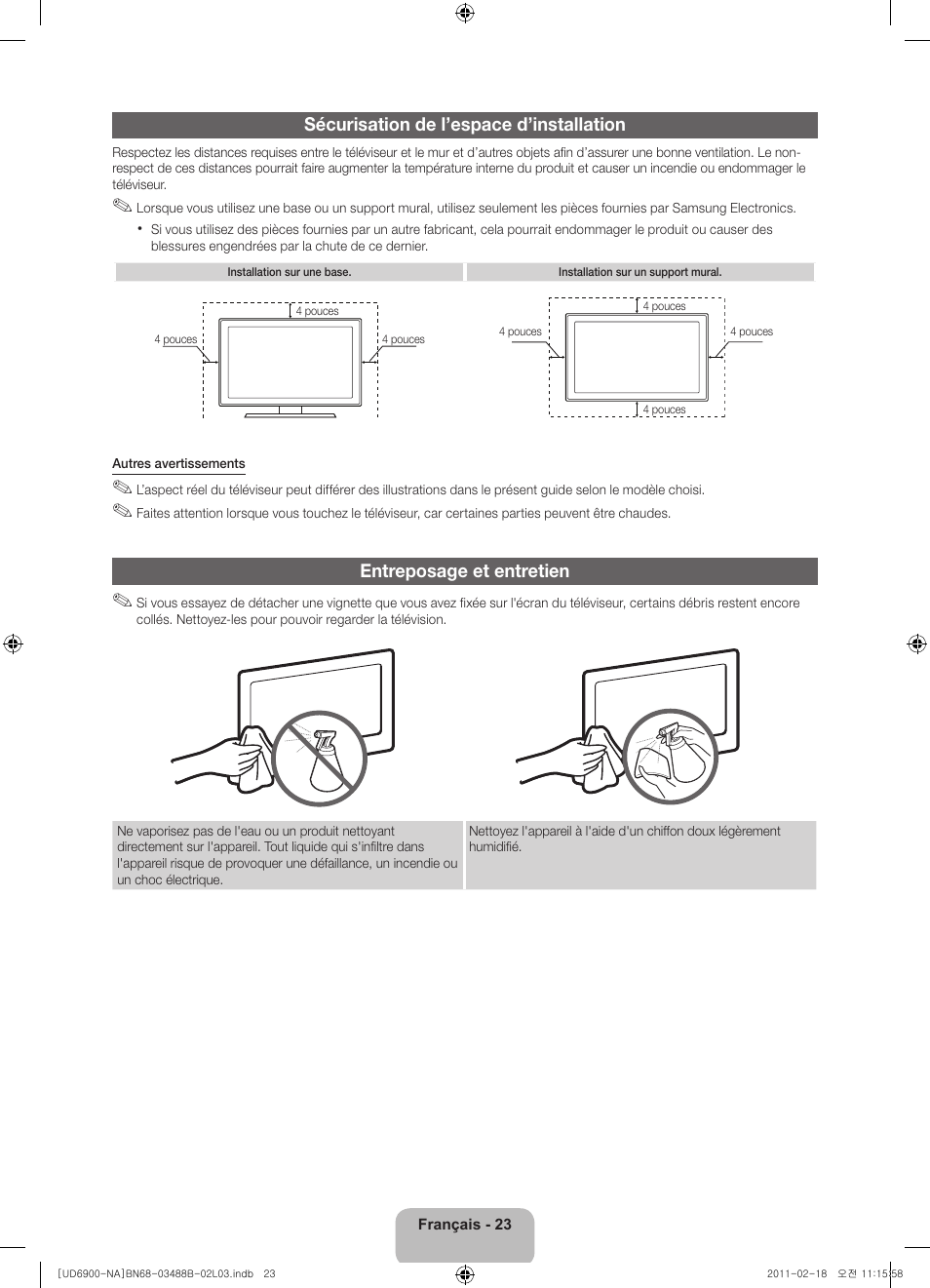 Sécurisation de l’espace d’installation, Entreposage et entretien | Samsung UN46D6900WFXZA User Manual | Page 72 / 74