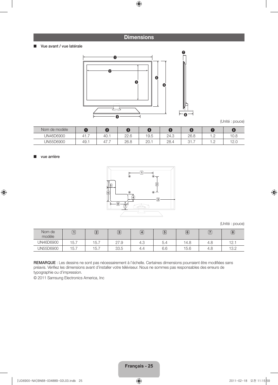 Dimensions | Samsung UN46D6900WFXZA User Manual | Page 74 / 74