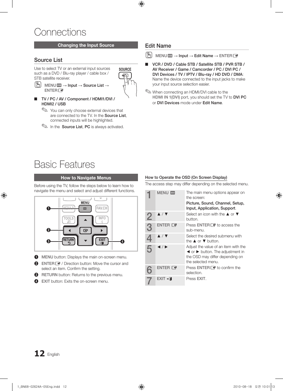 Connections, Basic features, Source list | Edit name | Samsung UN26C4000PDXZA User Manual | Page 12 / 42