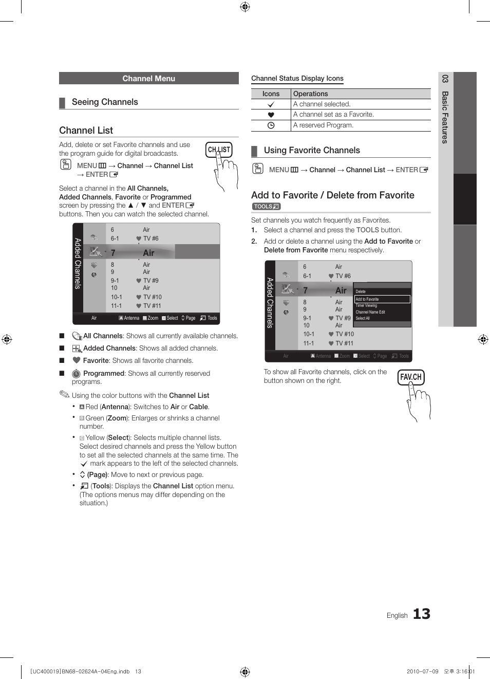 Channel list, Add to favorite / delete from favorite | Samsung UN26C4000PDXZA User Manual | Page 13 / 42