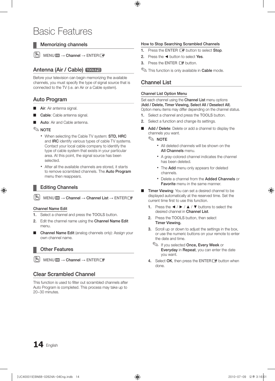 Basic features, Antenna (air / cable), Auto program | Clear scrambled channel, Channel list | Samsung UN26C4000PDXZA User Manual | Page 14 / 42