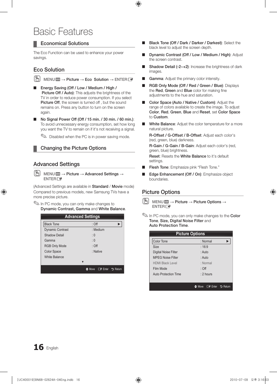 Basic features, Eco solution, Advanced settings | Picture options | Samsung UN26C4000PDXZA User Manual | Page 16 / 42