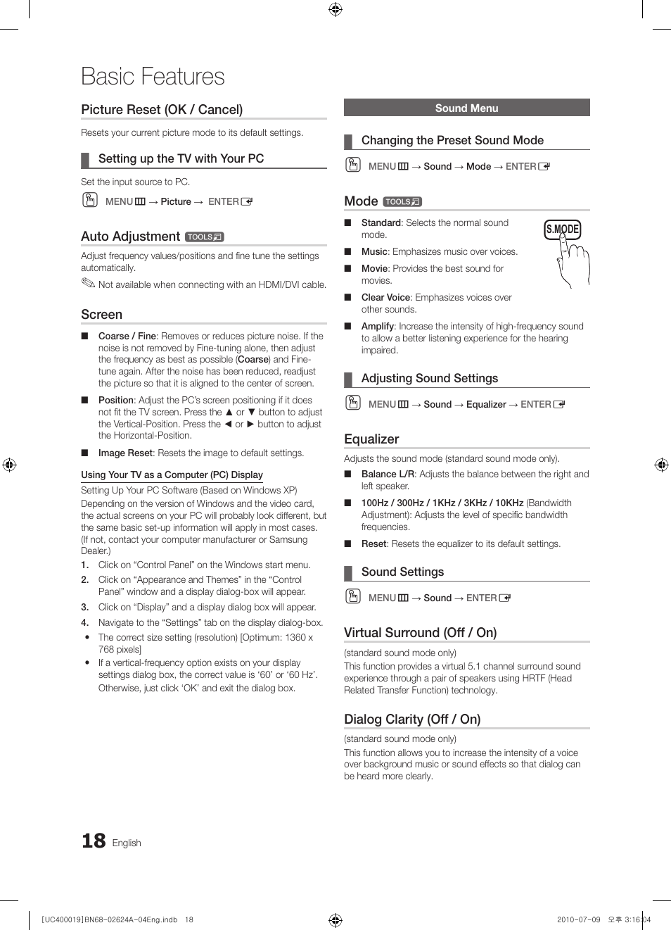 Basic features, Picture reset (ok / cancel), Auto adjustment | Screen, Mode, Equalizer, Virtual surround (off / on), Dialog clarity (off / on) | Samsung UN26C4000PDXZA User Manual | Page 18 / 42