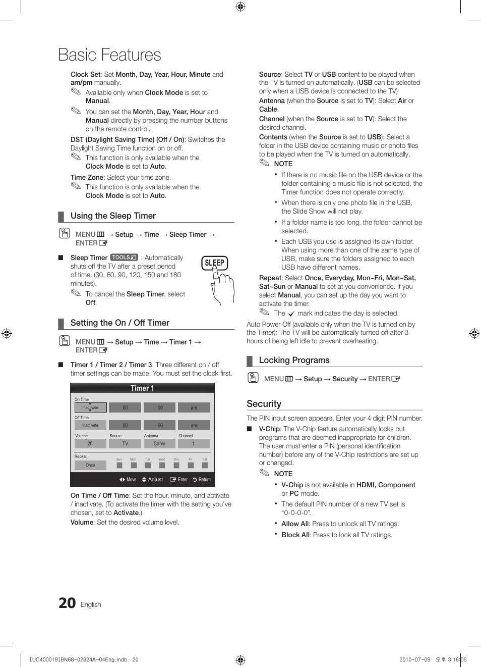 Basic features, Security | Samsung UN26C4000PDXZA User Manual | Page 20 / 42