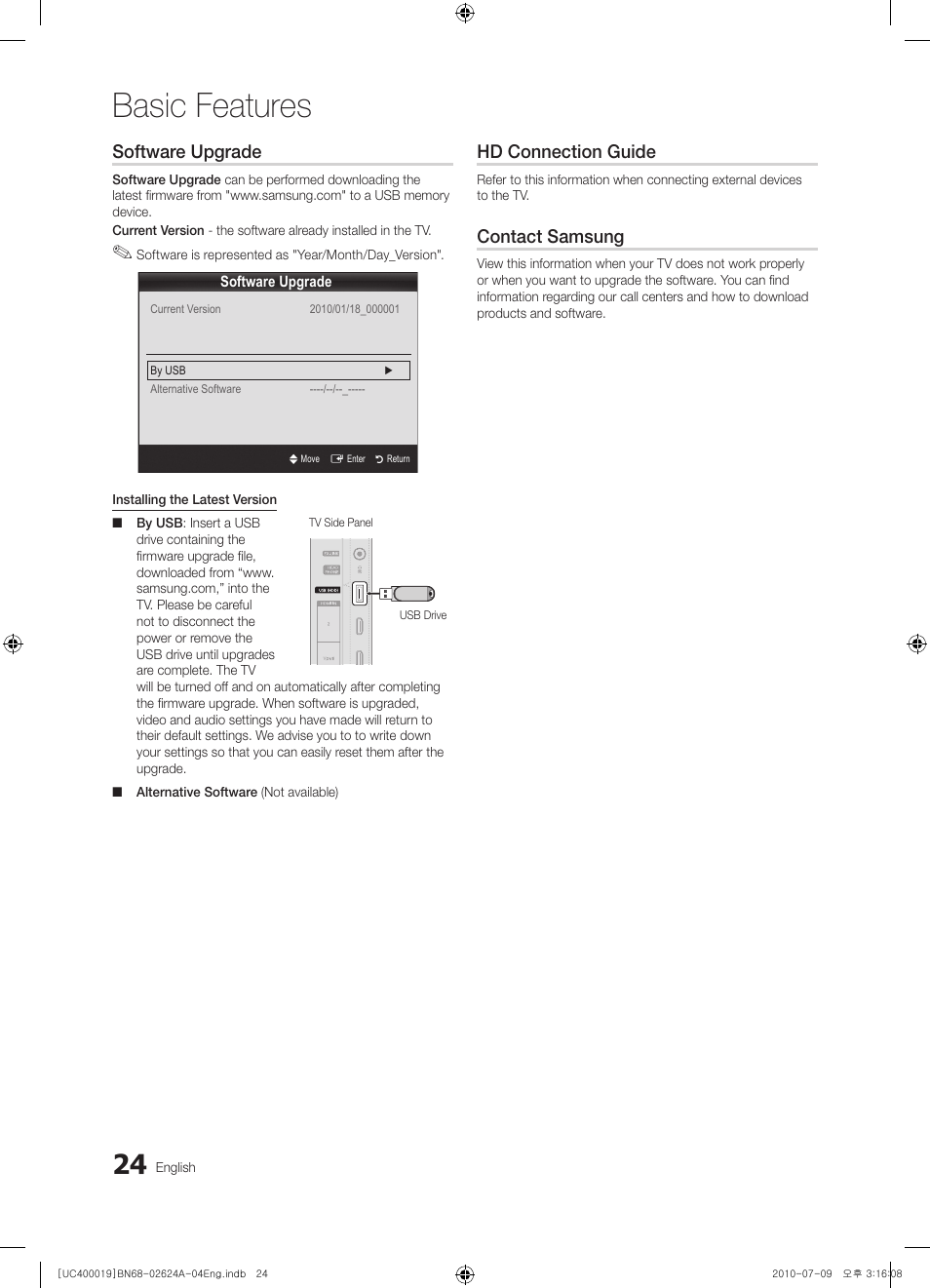 Basic features, Software upgrade, Hd connection guide | Contact samsung | Samsung UN26C4000PDXZA User Manual | Page 24 / 42