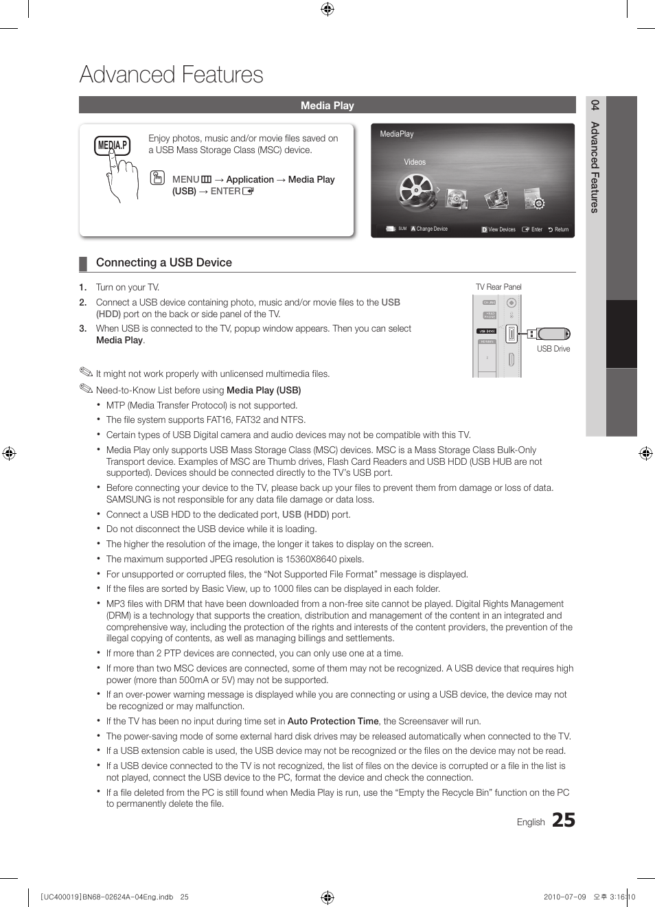 Advanced features | Samsung UN26C4000PDXZA User Manual | Page 25 / 42