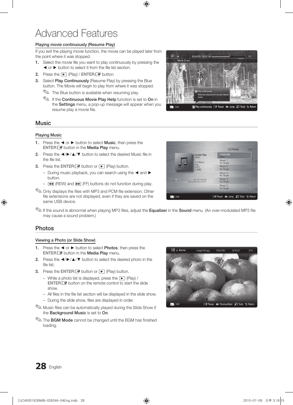Advanced features, Music, Photos | Samsung UN26C4000PDXZA User Manual | Page 28 / 42