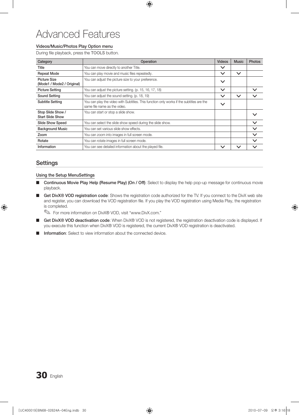 Advanced features, Settings | Samsung UN26C4000PDXZA User Manual | Page 30 / 42