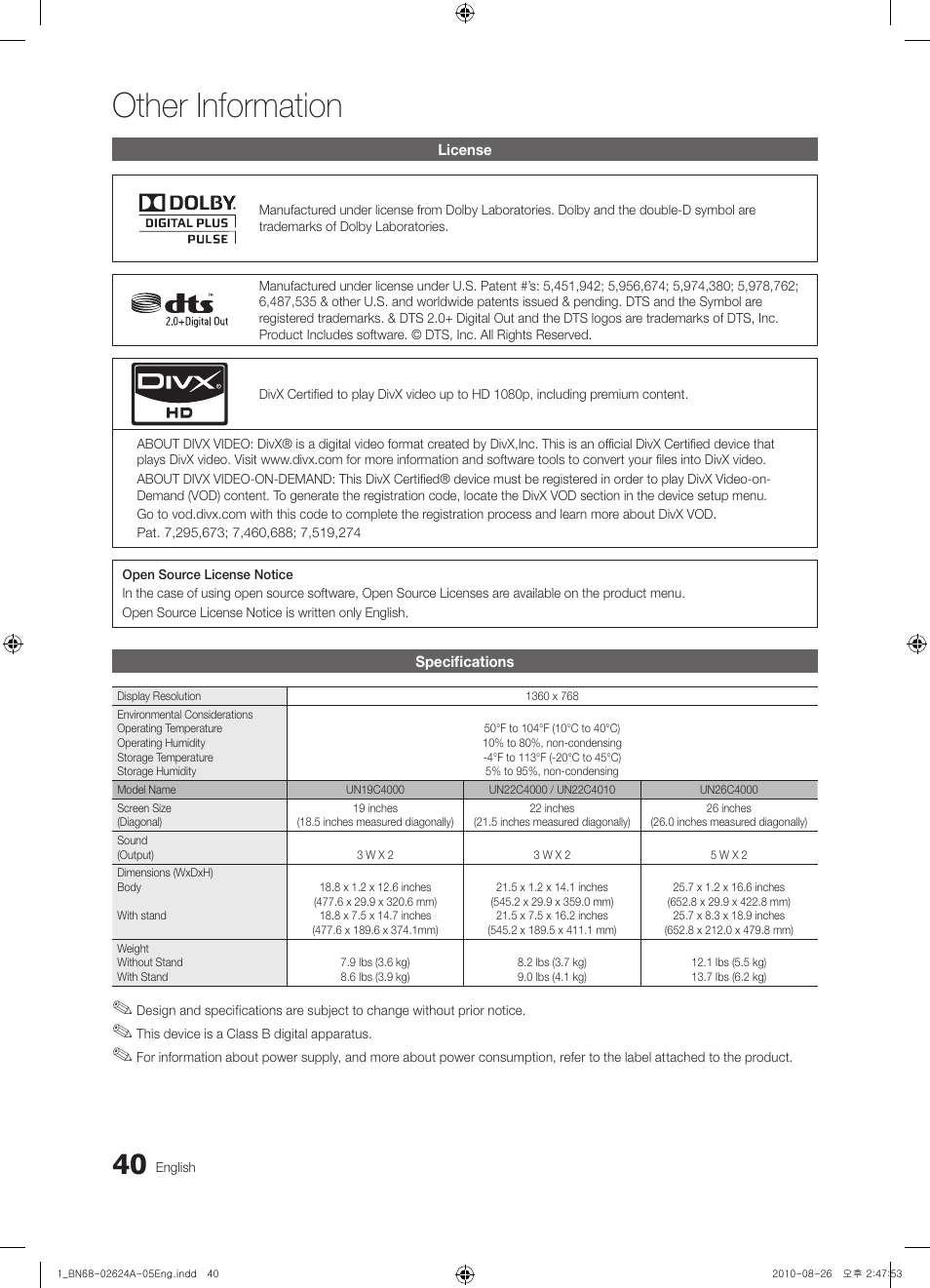 Other information | Samsung UN26C4000PDXZA User Manual | Page 40 / 42