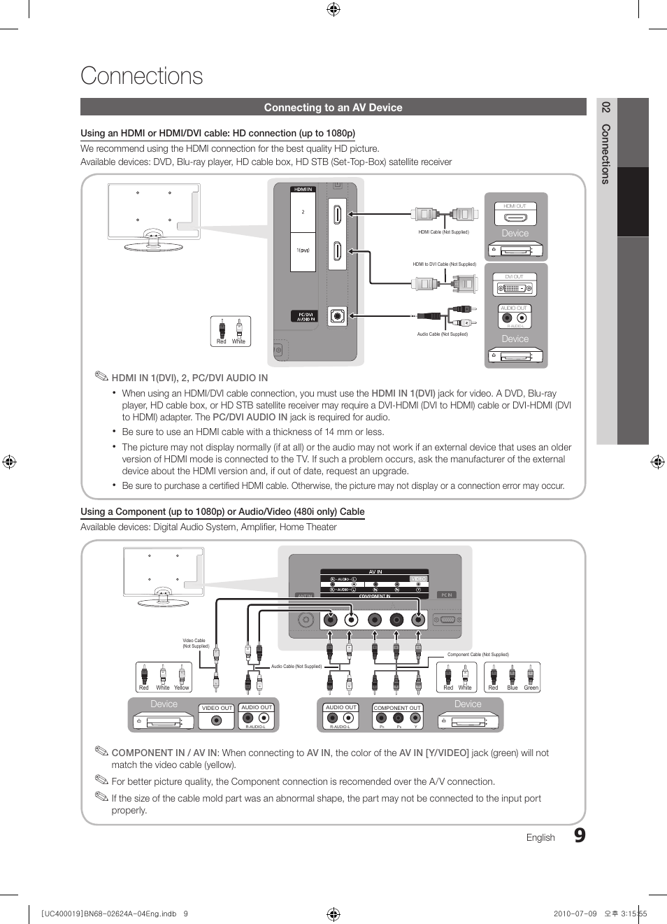 Connections, 02 connections, Connecting to an av device | Samsung UN26C4000PDXZA User Manual | Page 9 / 42