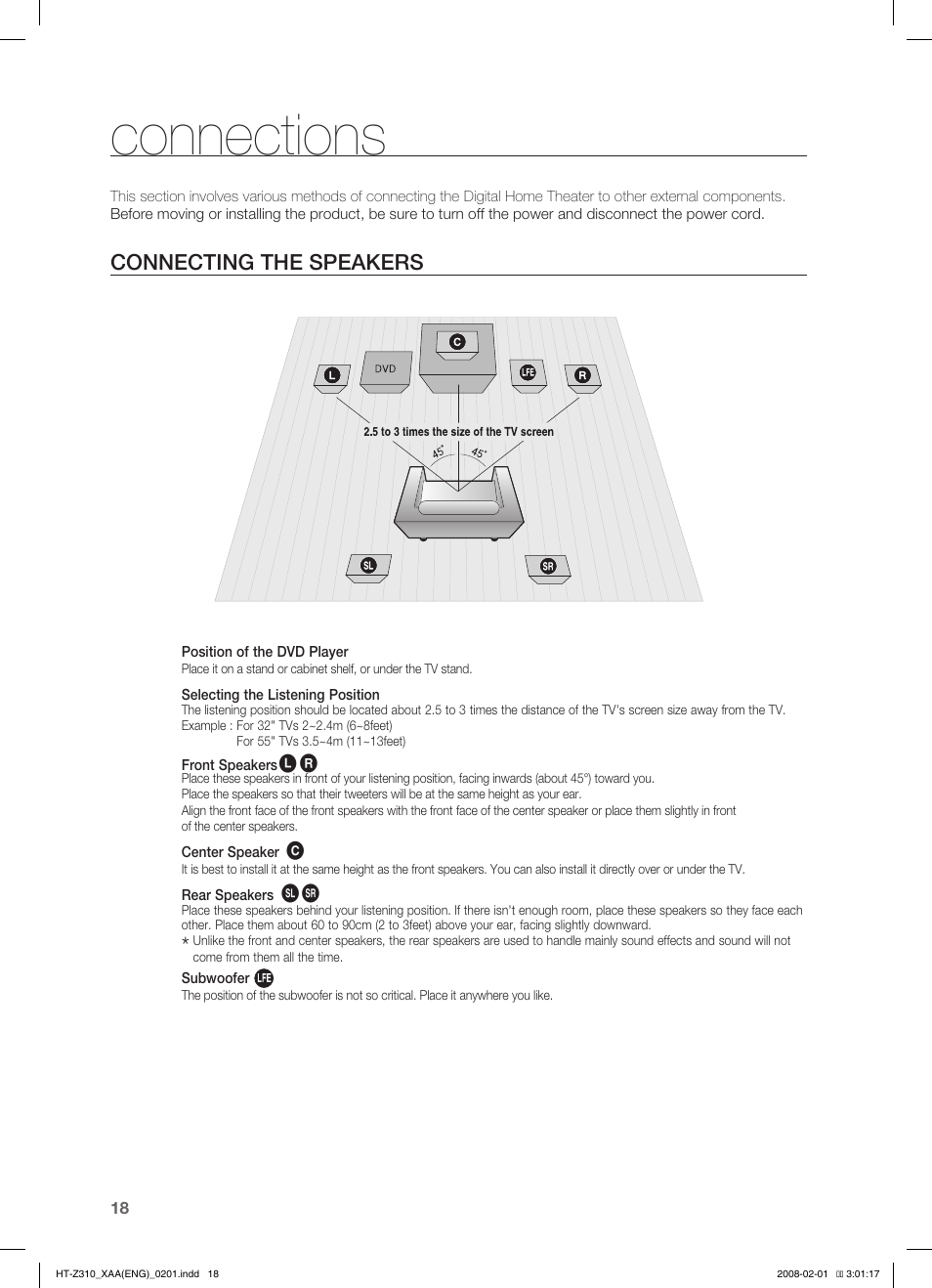 Connections, Connecting the speakers | Samsung HT-TZ312T-XAA User Manual | Page 20 / 73