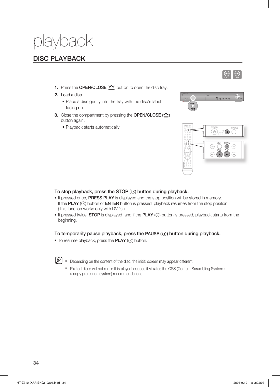 Playback, Disc playback, Mp3/wma-cd playback | Jpeg file playback, Divx playback | Samsung HT-TZ312T-XAA User Manual | Page 36 / 73