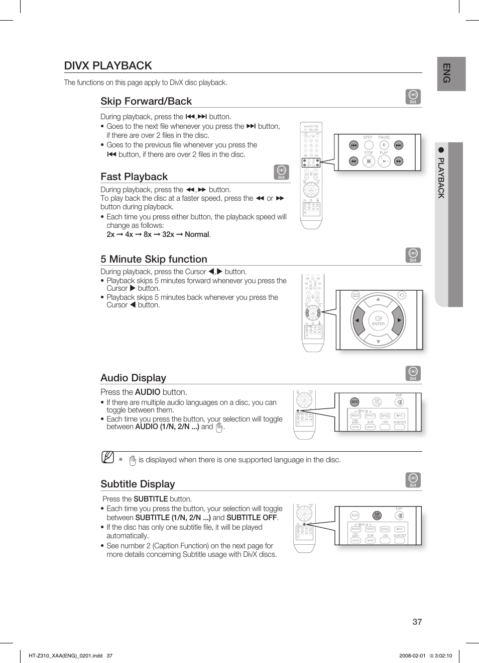 Divx playback | Samsung HT-TZ312T-XAA User Manual | Page 39 / 73