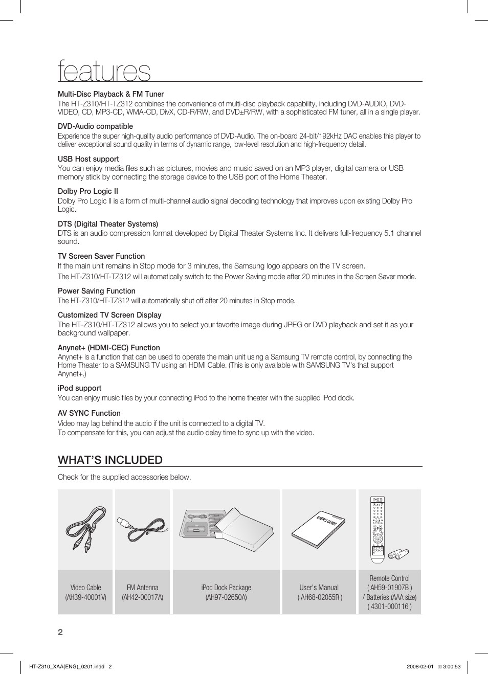 Features, Safety information, What’s included | Samsung HT-TZ312T-XAA User Manual | Page 4 / 73