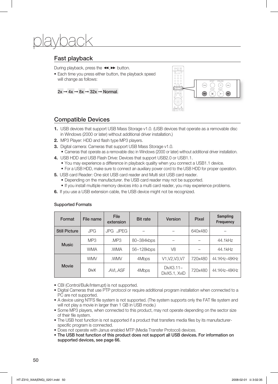 Fast playback, System setup, Setting the language | Playback, Compatible devices | Samsung HT-TZ312T-XAA User Manual | Page 52 / 73