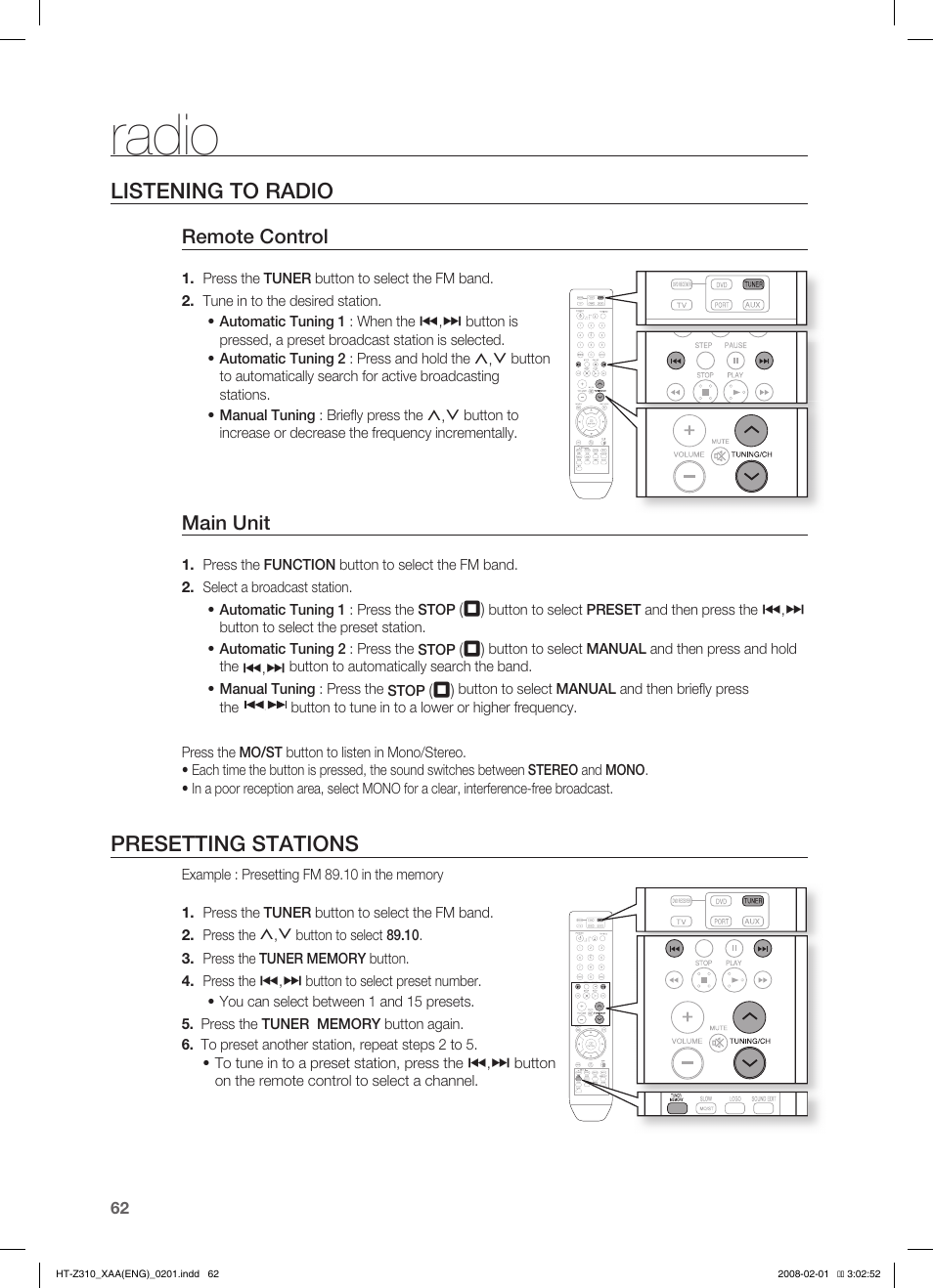Radio, Listening to radio, Presetting stations | Convenient function, Sleep timer function, Adjusting display brightness, Mute function, Troubleshooting | Samsung HT-TZ312T-XAA User Manual | Page 64 / 73
