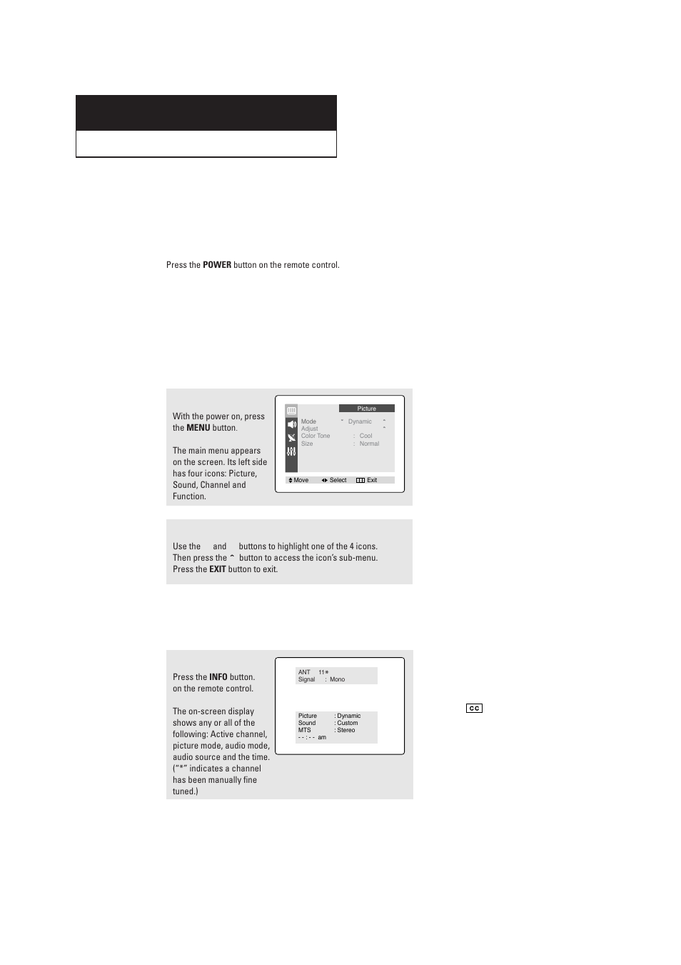 Chapter three : operation, Turning the tv on and off, Viewing the menus and on-screen displays | Viewing the menus, Viewing the display | Samsung TXR2028X-XAA User Manual | Page 18 / 48