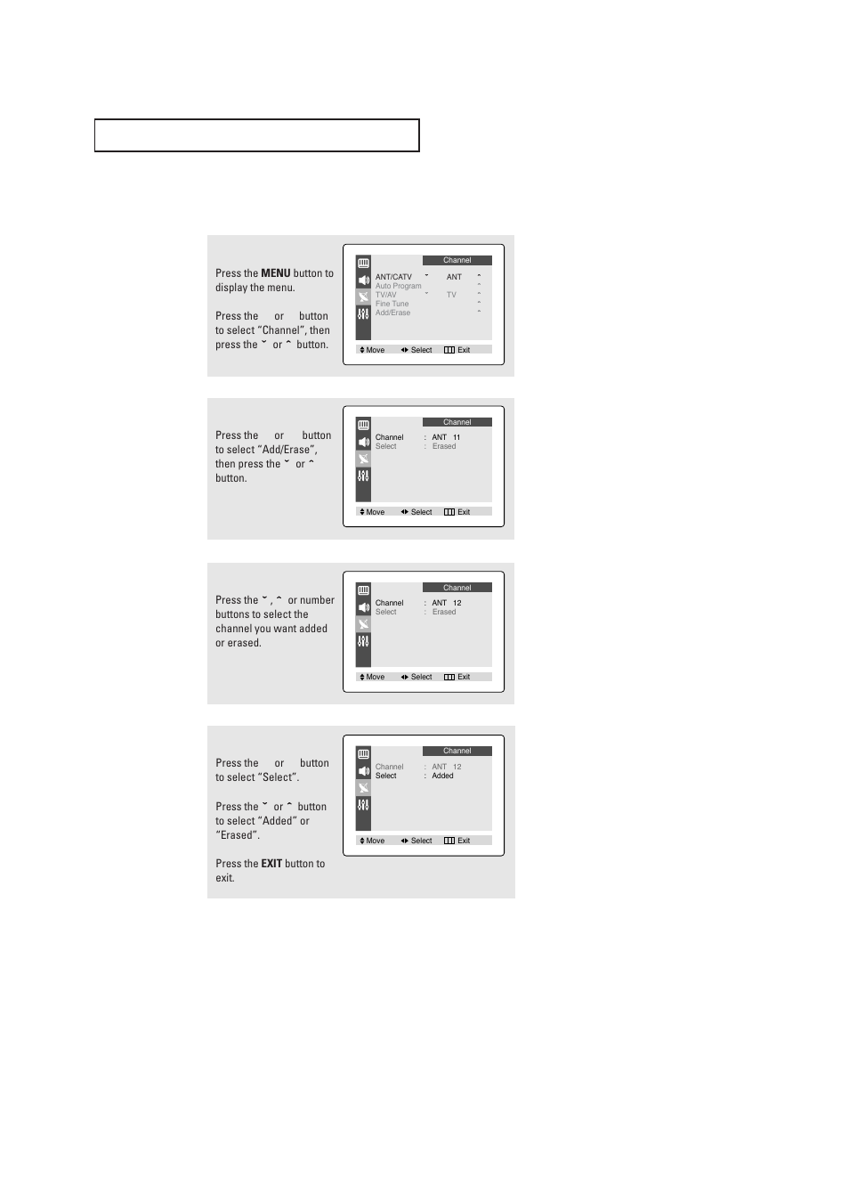 Adding and erasing channels (manual method) | Samsung TXR2028X-XAA User Manual | Page 22 / 48