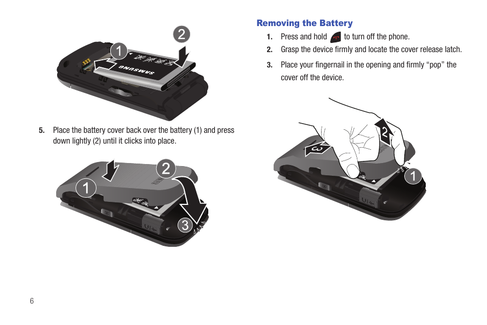 Removing the battery | Samsung SCH-R261BSAXAR User Manual | Page 10 / 134