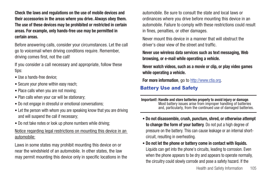 Battery use and safety | Samsung SCH-R261BSAXAR User Manual | Page 109 / 134