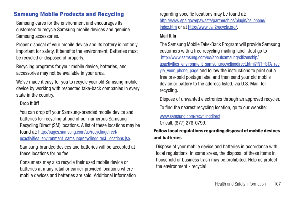 Samsung mobile products and recycling | Samsung SCH-R261BSAXAR User Manual | Page 111 / 134
