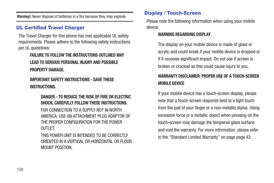 Ul certified travel charger, Display / touch-screen, Ul certified travel charger display / touch-screen | Samsung SCH-R261BSAXAR User Manual | Page 112 / 134