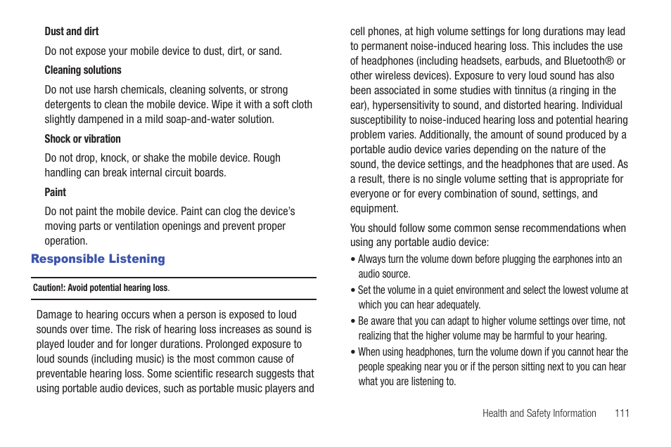 Responsible listening | Samsung SCH-R261BSAXAR User Manual | Page 115 / 134