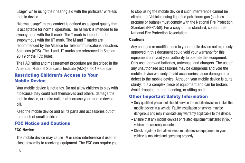 Fcc notice and cautions, Other important safety information, Restricting children's access to your | Mobile device | Samsung SCH-R261BSAXAR User Manual | Page 120 / 134