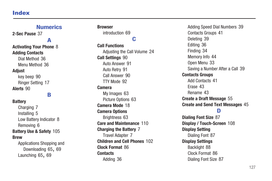 Index, Numerics | Samsung SCH-R261BSAXAR User Manual | Page 131 / 134