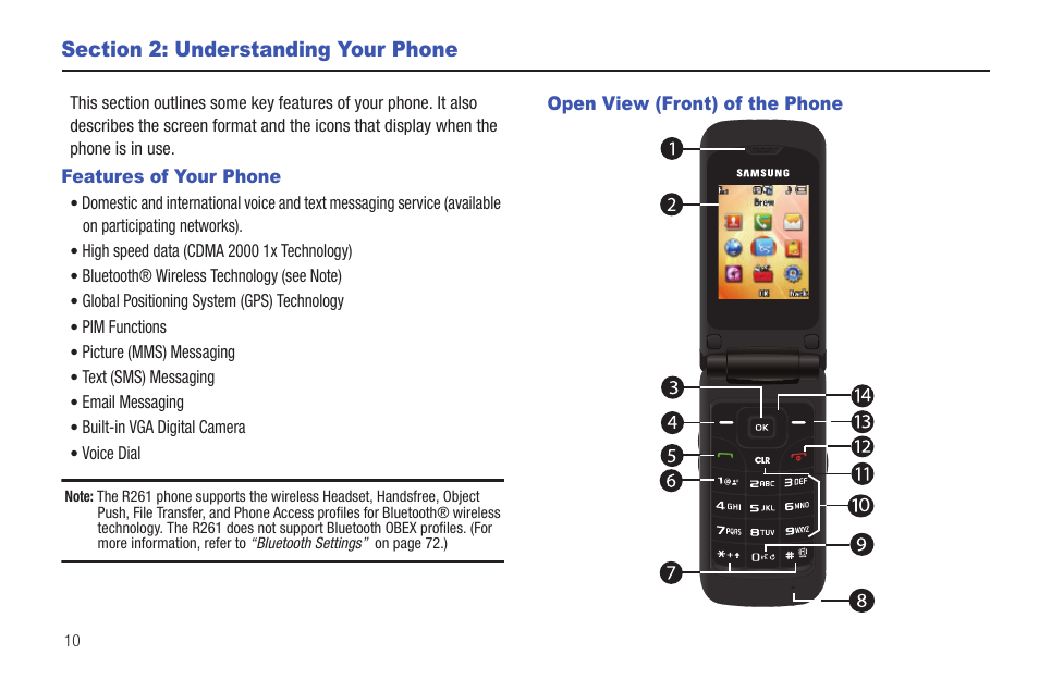 Section 2: understanding your phone, Features of your phone, Open view (front) of the phone | Samsung SCH-R261BSAXAR User Manual | Page 14 / 134
