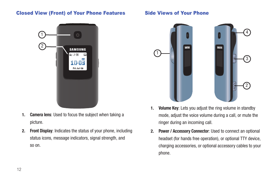 Closed view (front) of your phone features, Side views of your phone | Samsung SCH-R261BSAXAR User Manual | Page 16 / 134