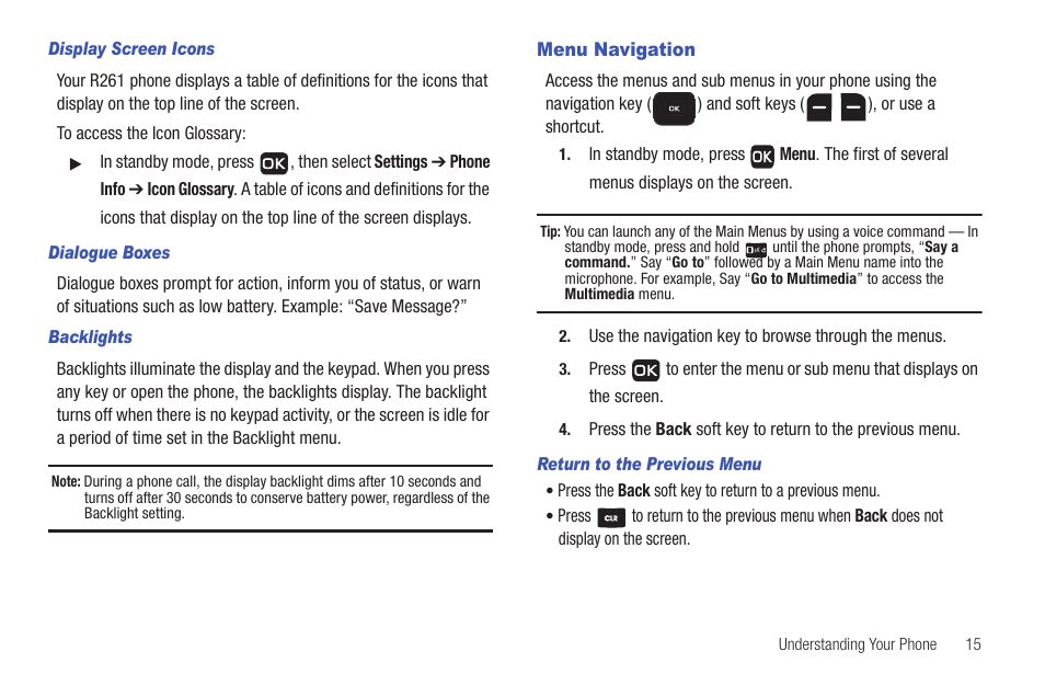 Menu navigation | Samsung SCH-R261BSAXAR User Manual | Page 19 / 134