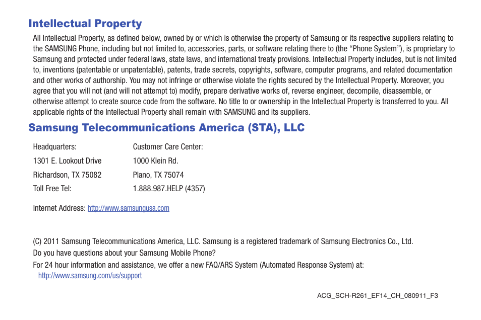 Intellectual property, Samsung telecommunications america (sta), llc | Samsung SCH-R261BSAXAR User Manual | Page 2 / 134