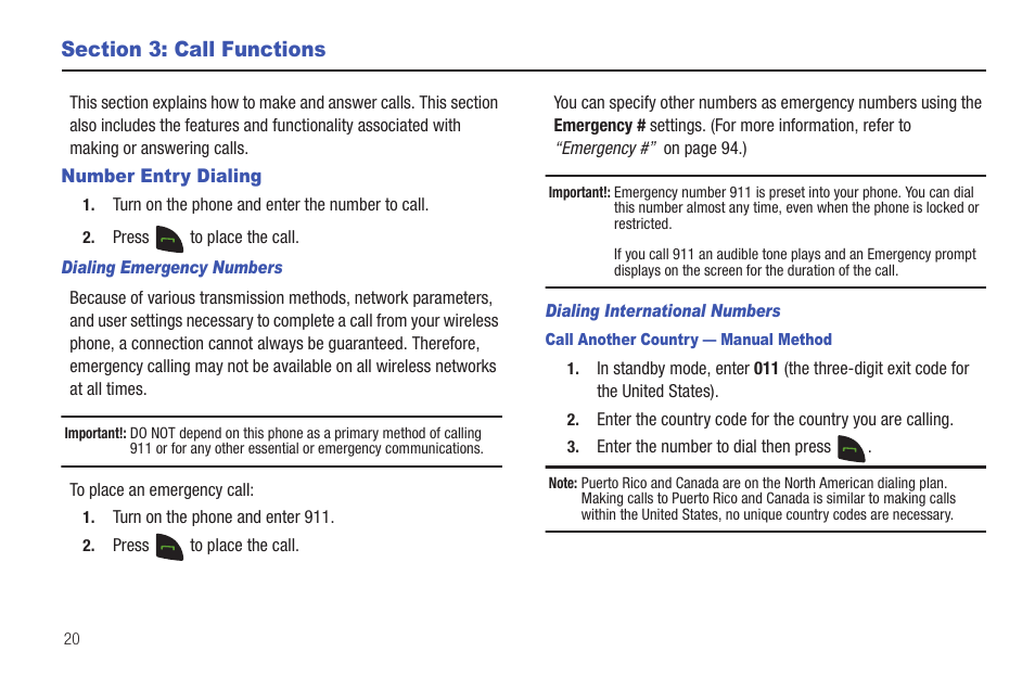 Section 3: call functions, Number entry dialing | Samsung SCH-R261BSAXAR User Manual | Page 24 / 134