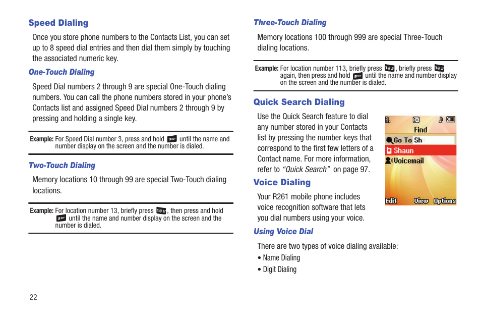 Speed dialing, Quick search dialing, Voice dialing | Speed dialing quick search dialing voice dialing | Samsung SCH-R261BSAXAR User Manual | Page 26 / 134