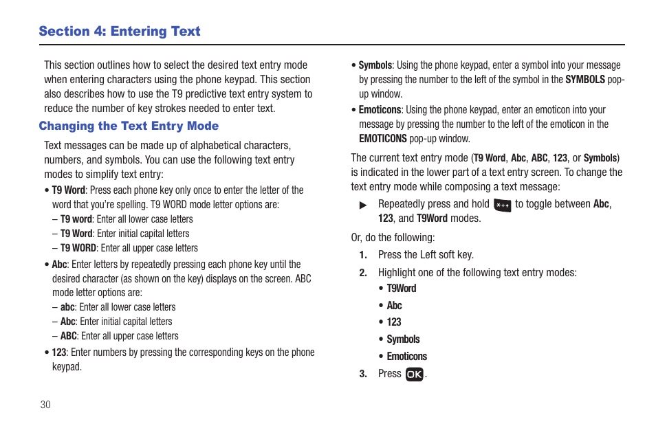 Section 4: entering text, Changing the text entry mode | Samsung SCH-R261BSAXAR User Manual | Page 34 / 134