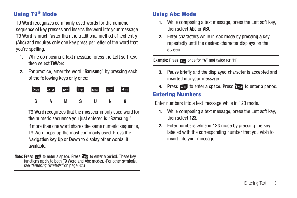 Using t9® mode, Using abc mode, Entering numbers | Using t9® mode using abc mode entering numbers | Samsung SCH-R261BSAXAR User Manual | Page 35 / 134