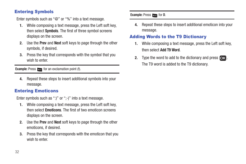 Entering symbols, Entering emoticons, Adding words to the t9 dictionary | Samsung SCH-R261BSAXAR User Manual | Page 36 / 134
