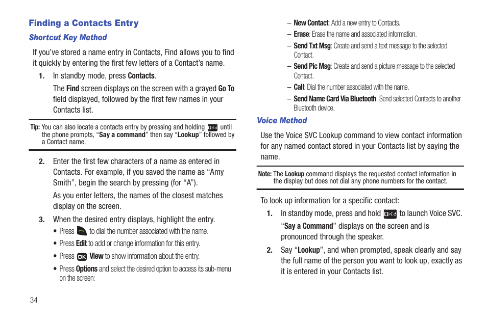 Finding a contacts entry | Samsung SCH-R261BSAXAR User Manual | Page 38 / 134