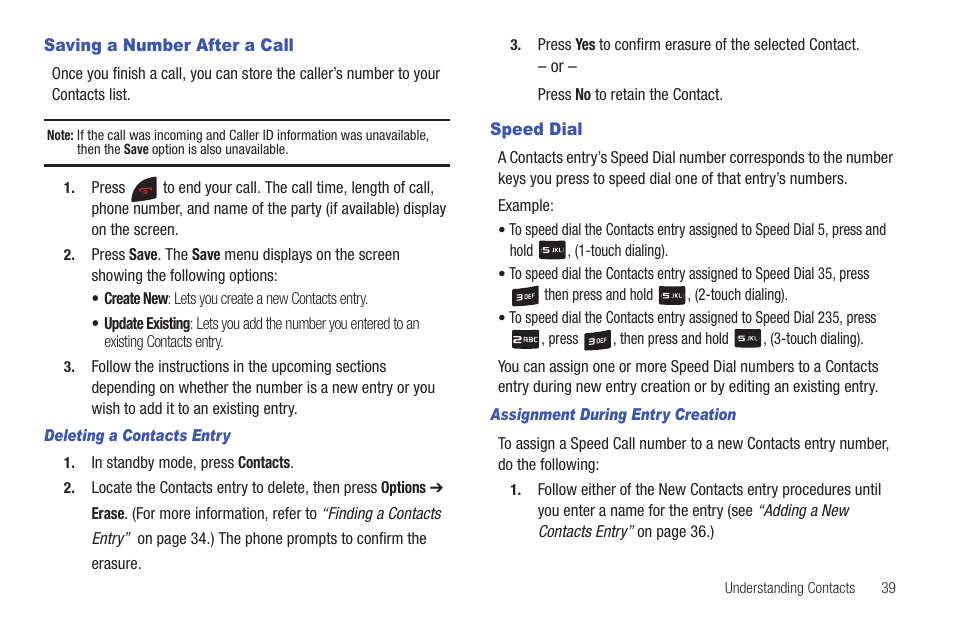 Saving a number after a call, Speed dial, Saving a number after a call speed dial | Samsung SCH-R261BSAXAR User Manual | Page 43 / 134