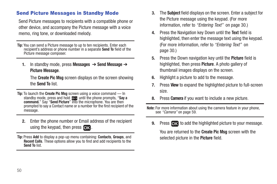 Send picture messages in standby mode | Samsung SCH-R261BSAXAR User Manual | Page 54 / 134