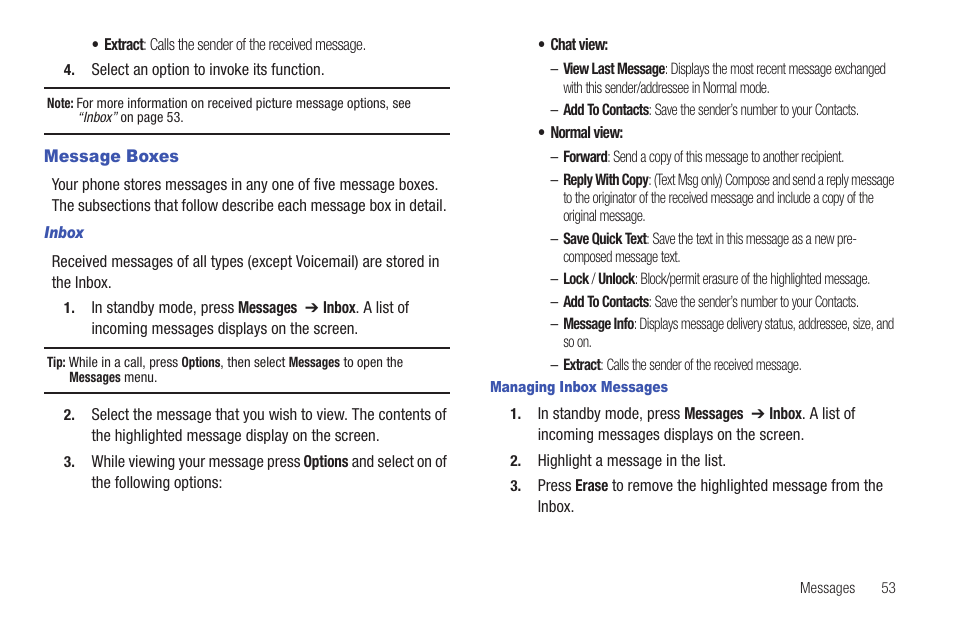 Message boxes | Samsung SCH-R261BSAXAR User Manual | Page 57 / 134