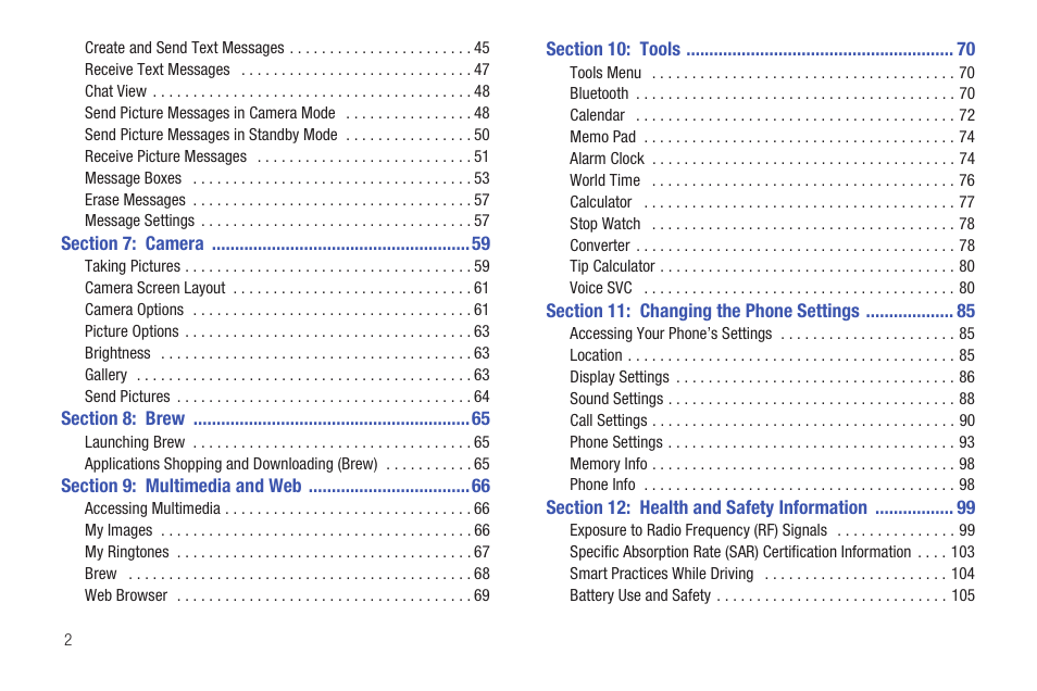 Section 7: camera 59, Section 8: brew 65, Section 9: multimedia and web 66 | Section 10: tools 70, Section 11: changing the phone settings 85, Section 12: health and safety information 99 | Samsung SCH-R261BSAXAR User Manual | Page 6 / 134