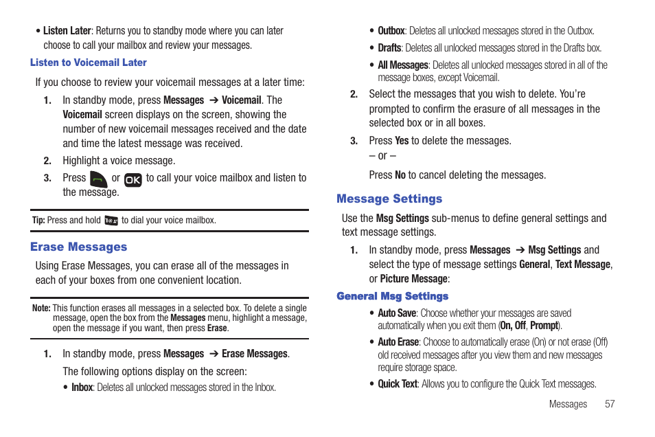 Erase messages, Message settings, Erase messages message settings | Samsung SCH-R261BSAXAR User Manual | Page 61 / 134